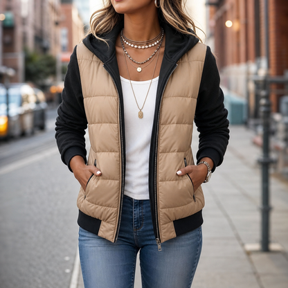 Mixed-Media Quilted Puffer Jacket with Cosy Knit Sleeves for Winter