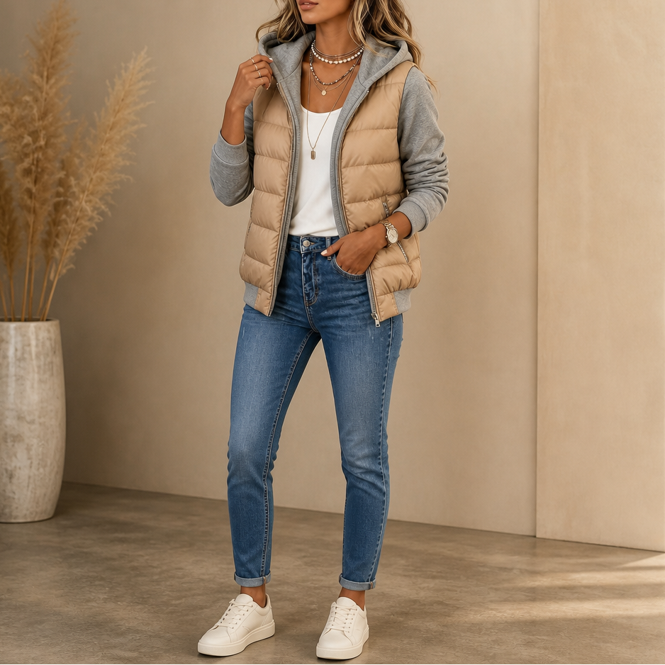 Mixed-Media Quilted Puffer Jacket with Cosy Knit Sleeves for Winter