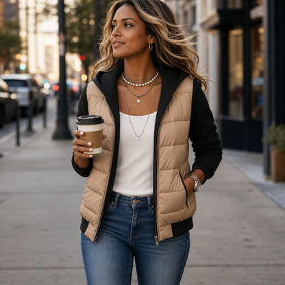 Mixed-Media Quilted Puffer Jacket with Cosy Knit Sleeves for Winter