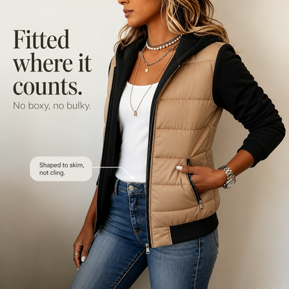 Mixed-Media Quilted Puffer Jacket with Cosy Knit Sleeves for Winter