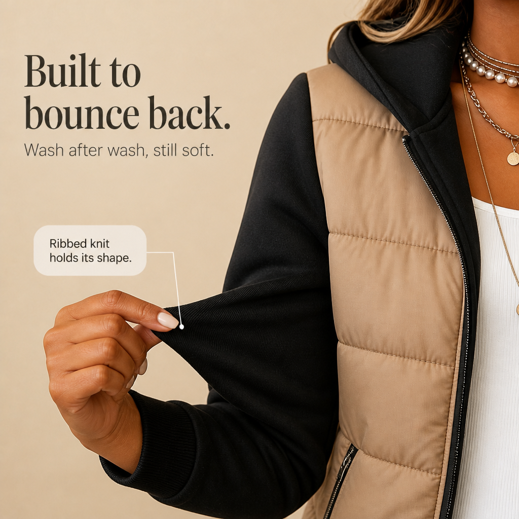 Mixed-Media Quilted Puffer Jacket with Cosy Knit Sleeves for Winter