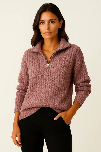 Ribbed High-Neck Half-Zip Jumper for Winter