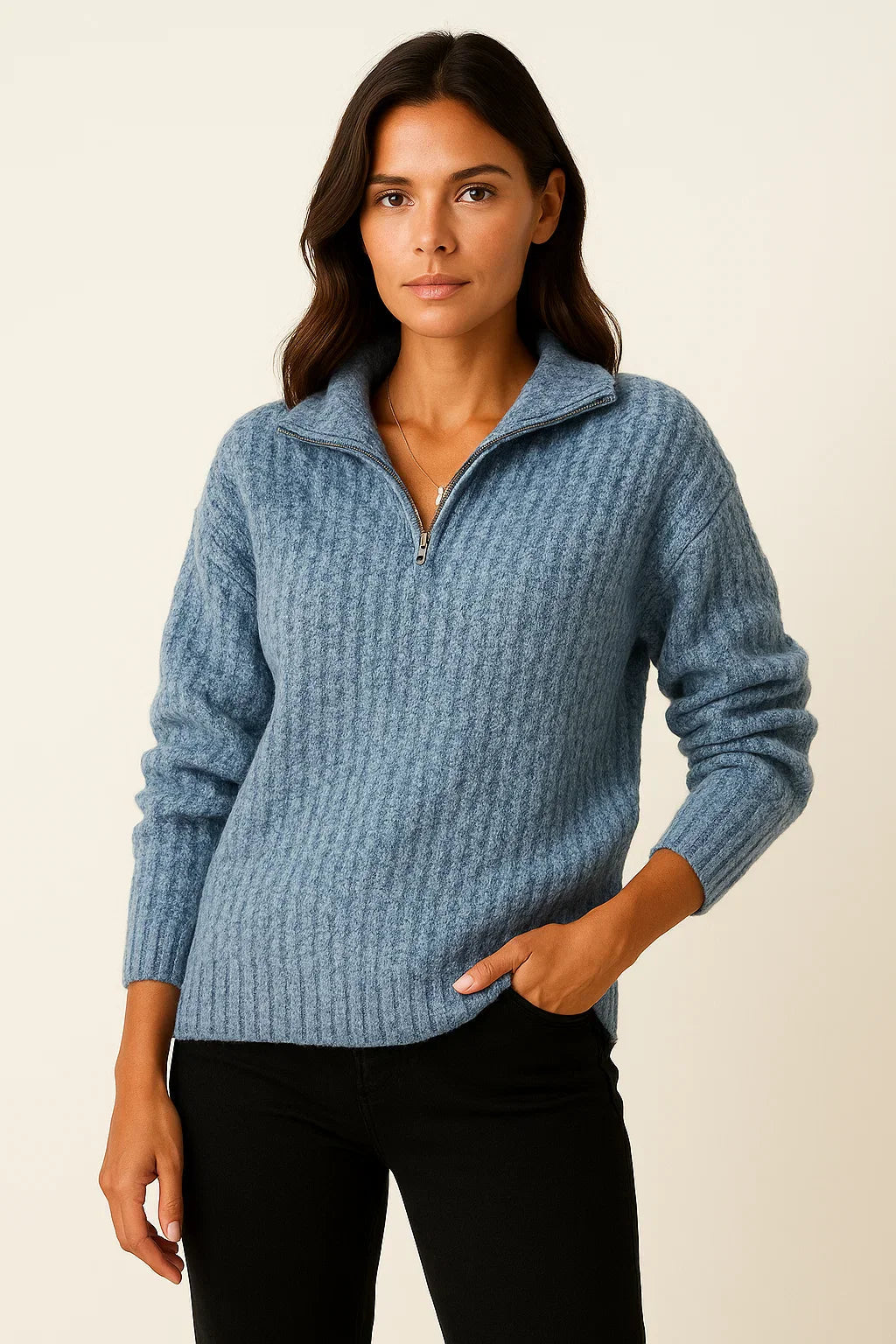 Ribbed High-Neck Half-Zip Jumper for Winter