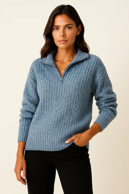 Ribbed High-Neck Half-Zip Jumper for Winter