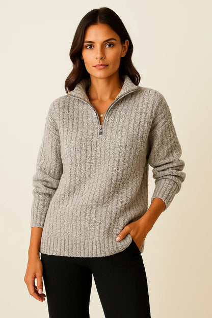 Ribbed High-Neck Half-Zip Jumper for Winter