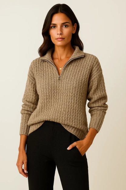 Ribbed High-Neck Half-Zip Jumper for Winter