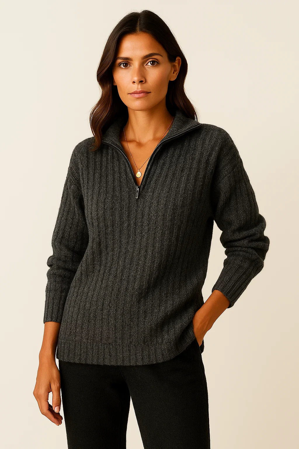 Ribbed High-Neck Half-Zip Jumper for Winter