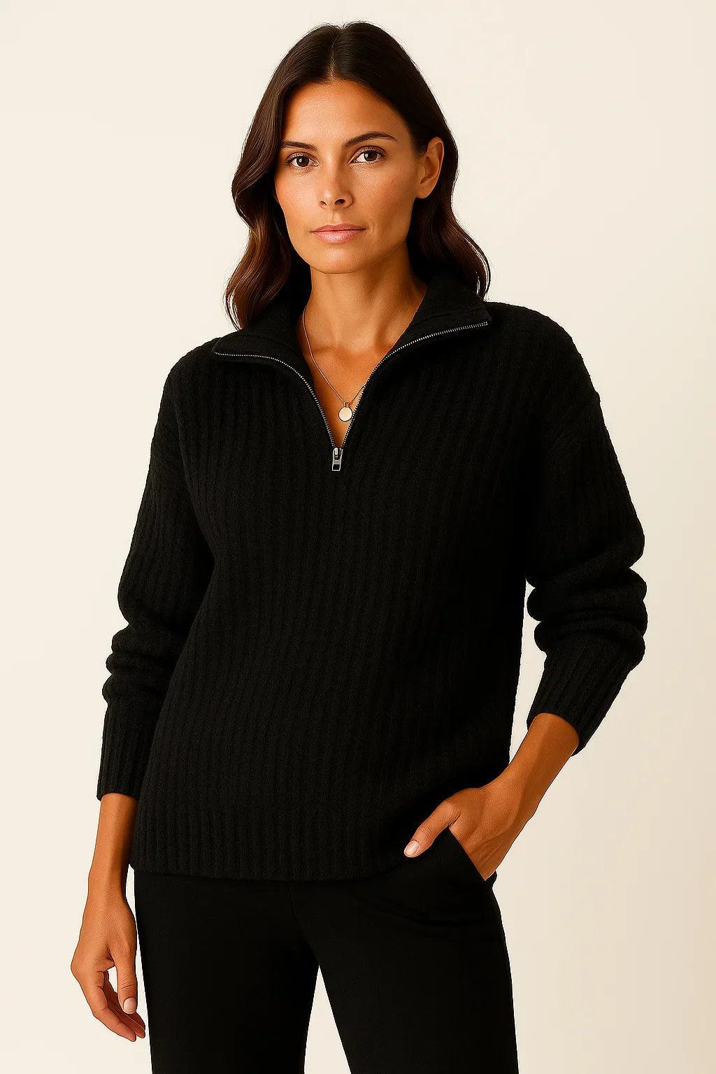 Ribbed High-Neck Half-Zip Jumper for Winter