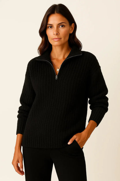Ribbed High-Neck Half-Zip Jumper for Winter