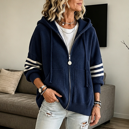 Striped-Sleeve Drop-Shoulder Zip Hoodie for Winter