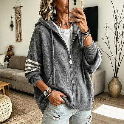 Striped-Sleeve Drop-Shoulder Zip Hoodie for Winter