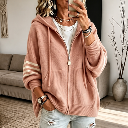 Striped-Sleeve Drop-Shoulder Zip Hoodie for Winter