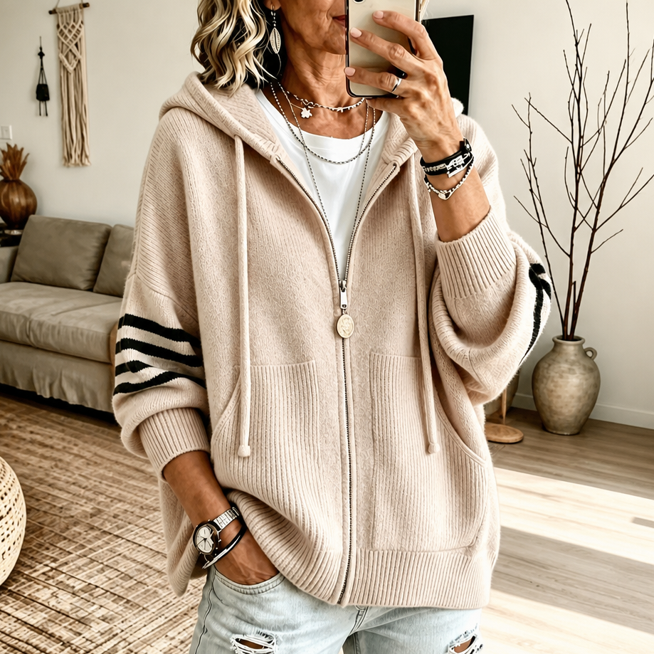 Striped-Sleeve Drop-Shoulder Zip Hoodie for Winter