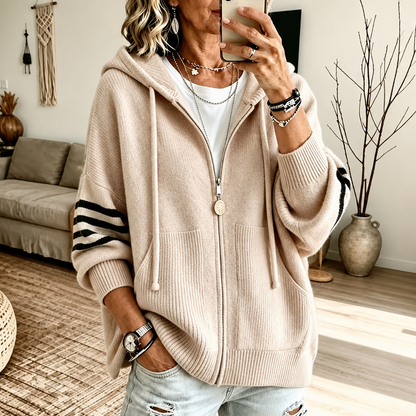 Striped-Sleeve Drop-Shoulder Zip Hoodie for Winter