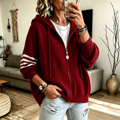 Striped-Sleeve Drop-Shoulder Zip Hoodie for Winter