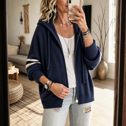 Striped-Sleeve Drop-Shoulder Zip Hoodie for Winter