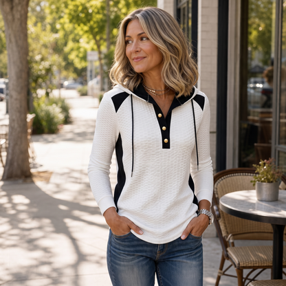 Waffle-Knit Colourblock Button-Front V-Neck Hoodie for Winter