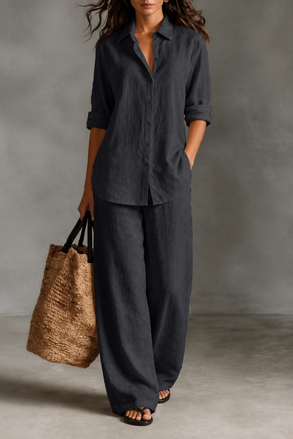 Elegant Wide-Leg Trousers and Shirt Two-Piece Set