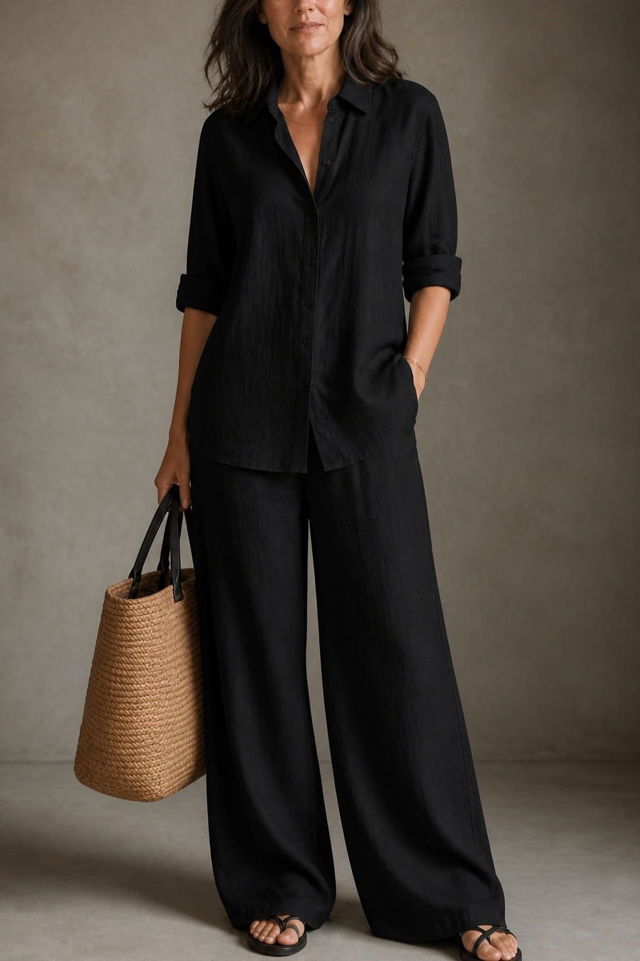 Elegant Wide-Leg Trousers and Shirt Two-Piece Set