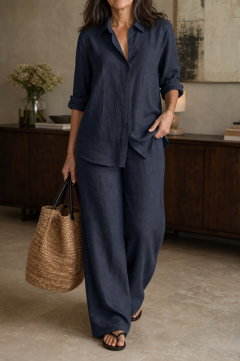 Elegant Wide-Leg Trousers and Shirt Two-Piece Set