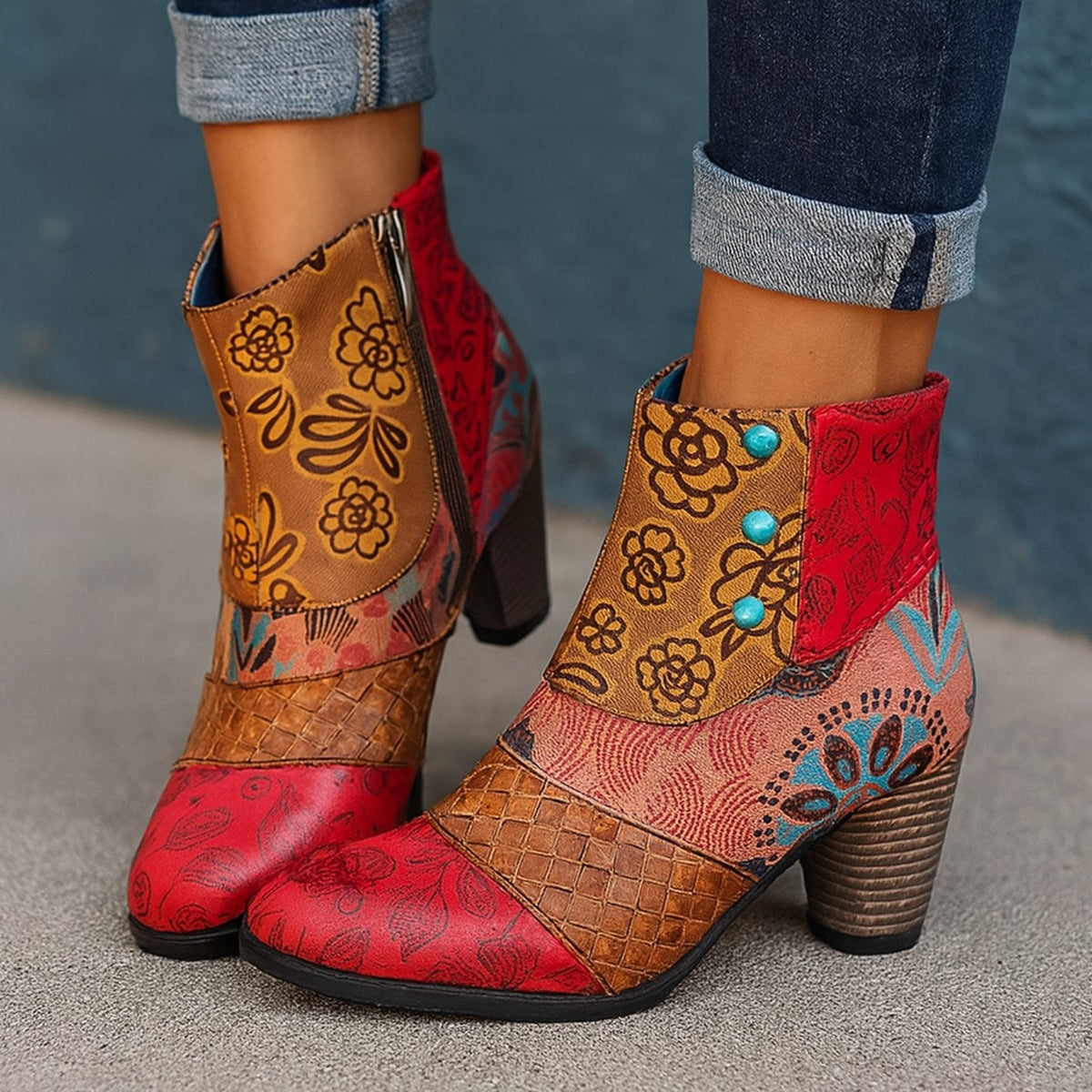 Niamh | Women's Bohemian Floral-Embossed Ankle Boots