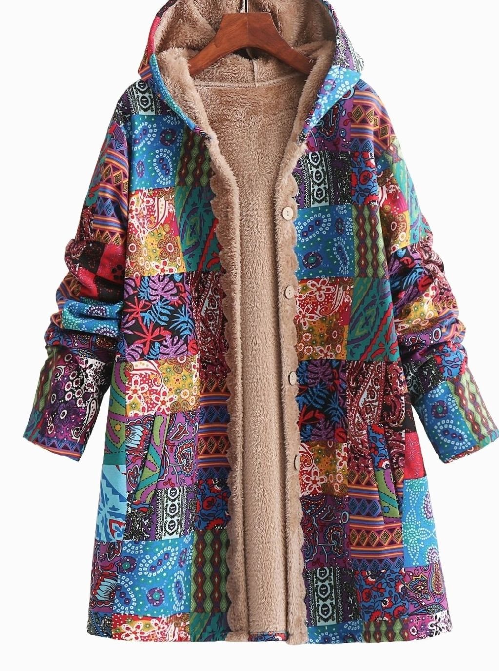 Rosie | Women's Boho Patchwork Print Fleece-Lined Hooded Jacket for Winter