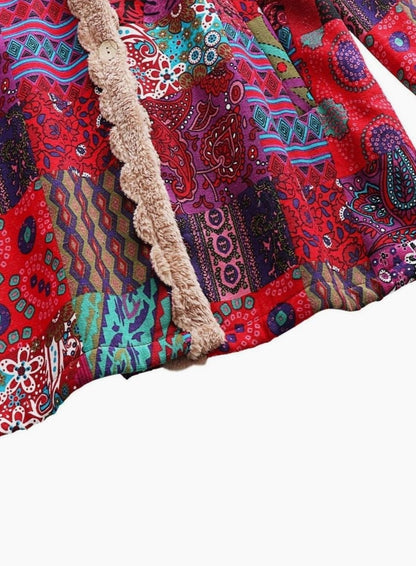 Rosie | Women's Boho Patchwork Print Fleece-Lined Hooded Jacket for Winter