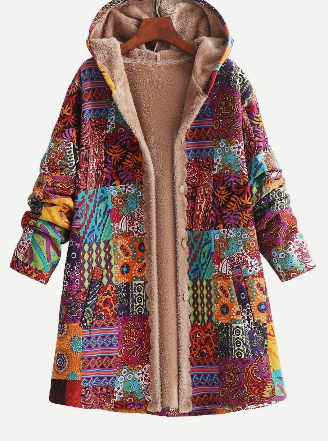 Rosie | Women's Boho Patchwork Print Fleece-Lined Hooded Jacket for Winter