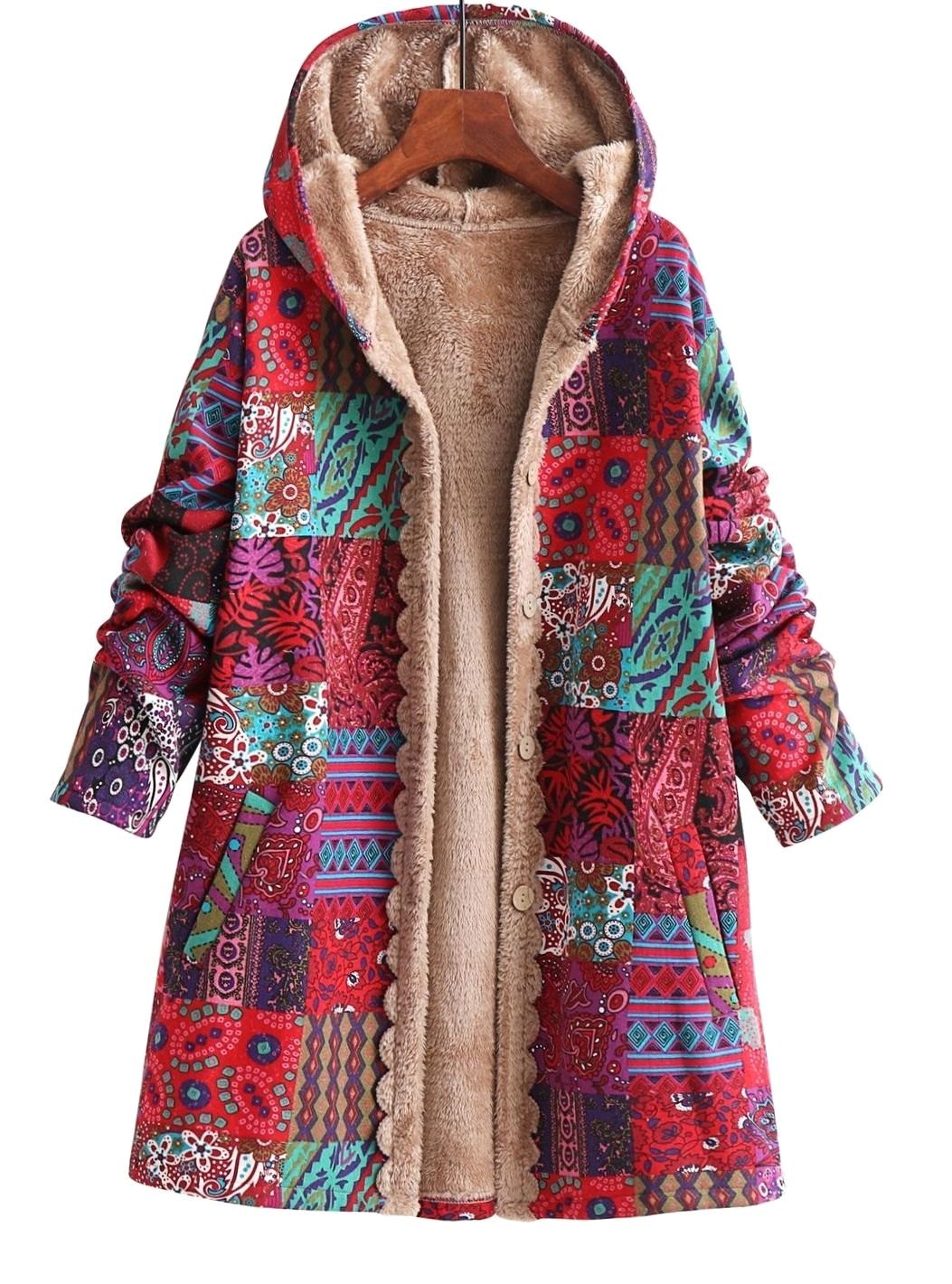 Rosie | Women's Boho Patchwork Print Fleece-Lined Hooded Jacket for Winter