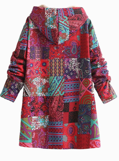 Rosie | Women's Boho Patchwork Print Fleece-Lined Hooded Jacket for Winter