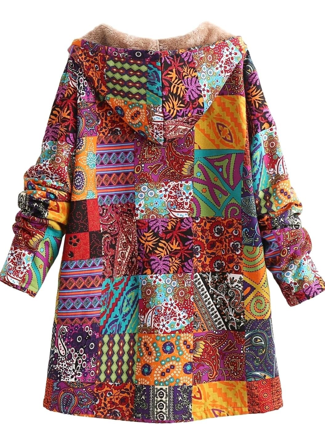 Rosie | Women's Boho Patchwork Print Fleece-Lined Hooded Jacket for Winter