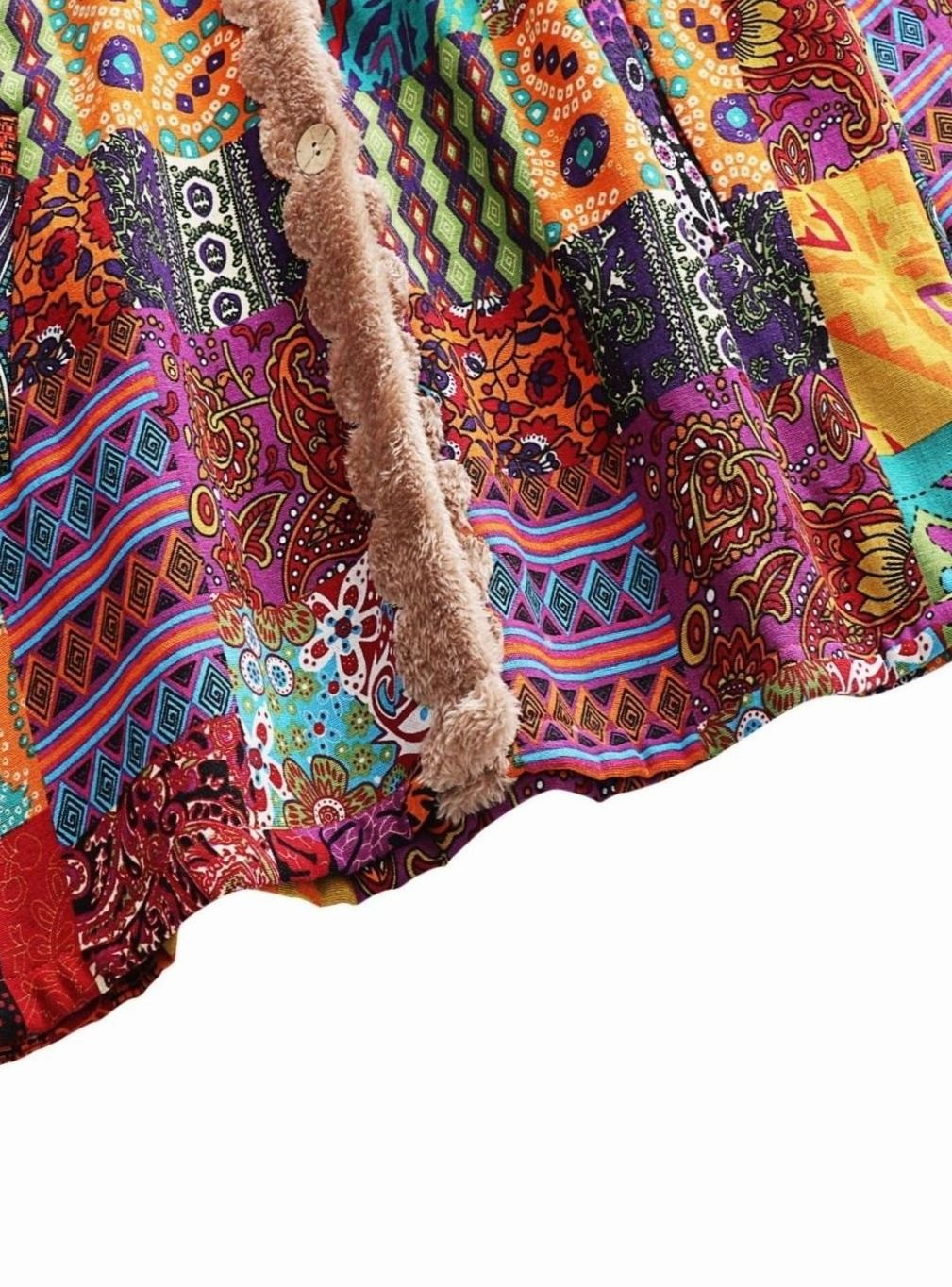 Rosie | Women's Boho Patchwork Print Fleece-Lined Hooded Jacket for Winter