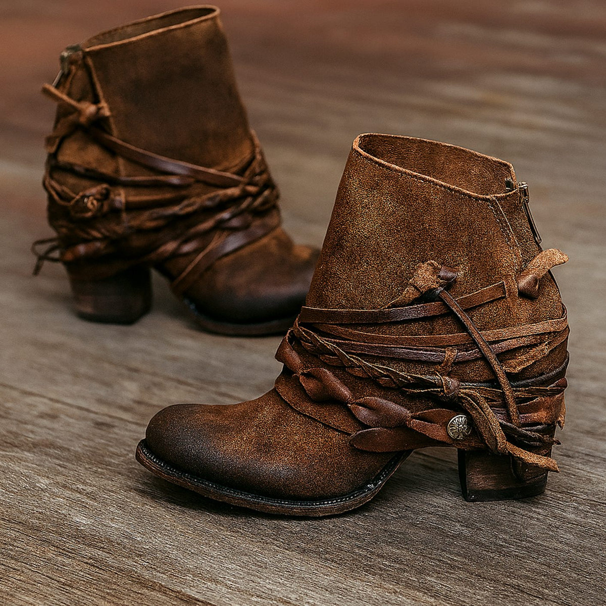 Hannah | Women's Boho Western Ankle Boots with Wrap Straps and Block Heels