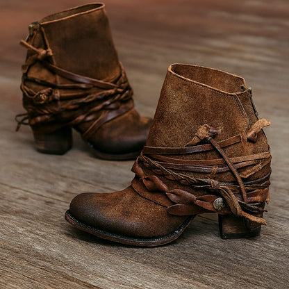 Hannah | Women's Boho Western Ankle Boots with Wrap Straps and Block Heels