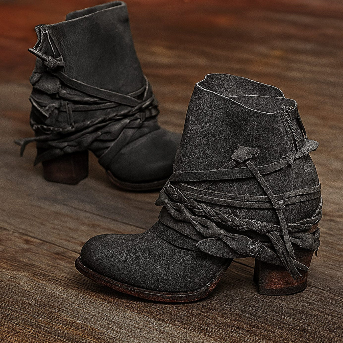 Hannah | Women's Boho Western Ankle Boots with Wrap Straps and Block Heels