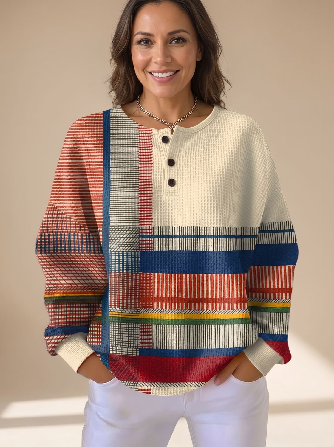 Isabelle | Women's Colourblock Waffle-Knit Henley Jumper with Long Sleeves