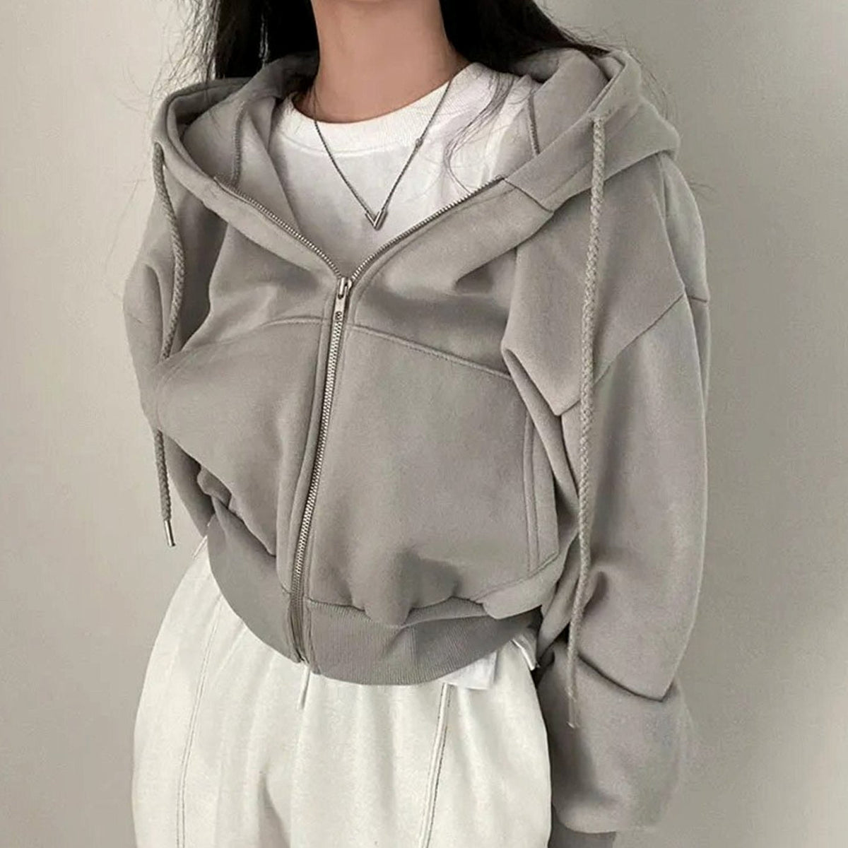 Maisie | Women's Oversized Cropped Fleece Zip-Up Hoodie with Drawstring