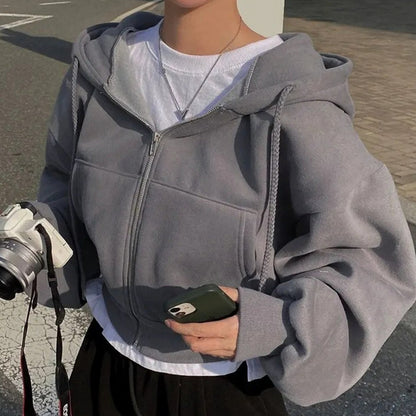 Maisie | Women's Oversized Cropped Fleece Zip-Up Hoodie with Drawstring