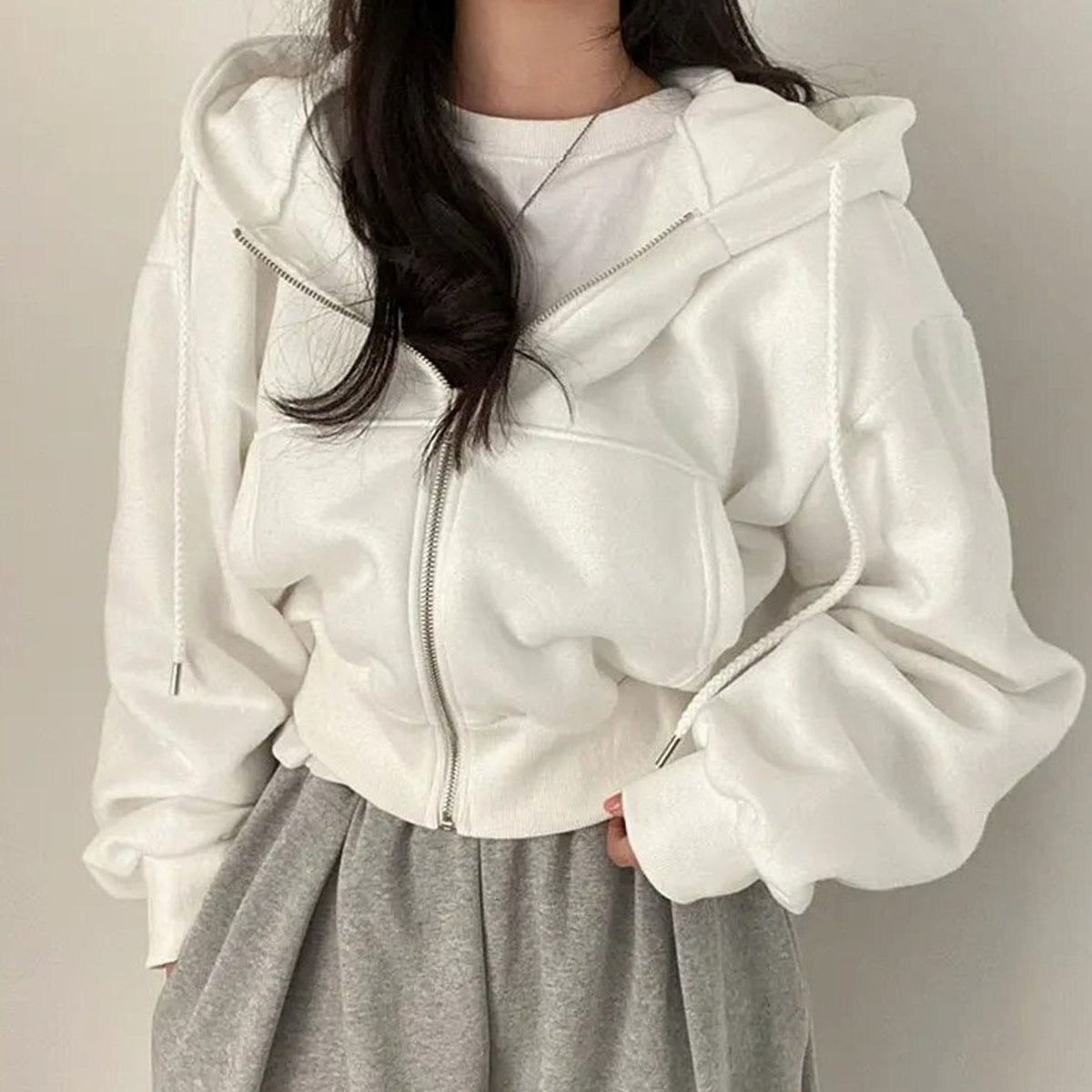 Maisie | Women's Oversized Cropped Fleece Zip-Up Hoodie with Drawstring