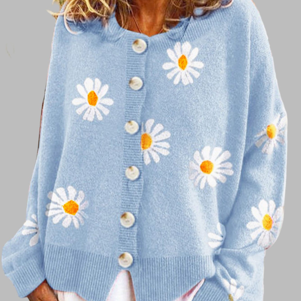 Amelia | Women's Daisy Floral Knit Button-Front Cardigan for Winter