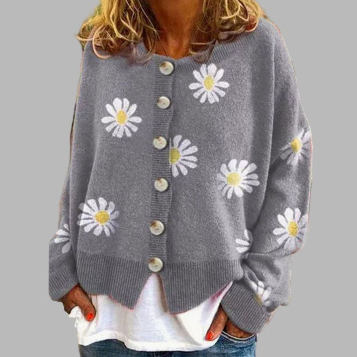 Amelia | Women's Daisy Floral Knit Button-Front Cardigan for Winter