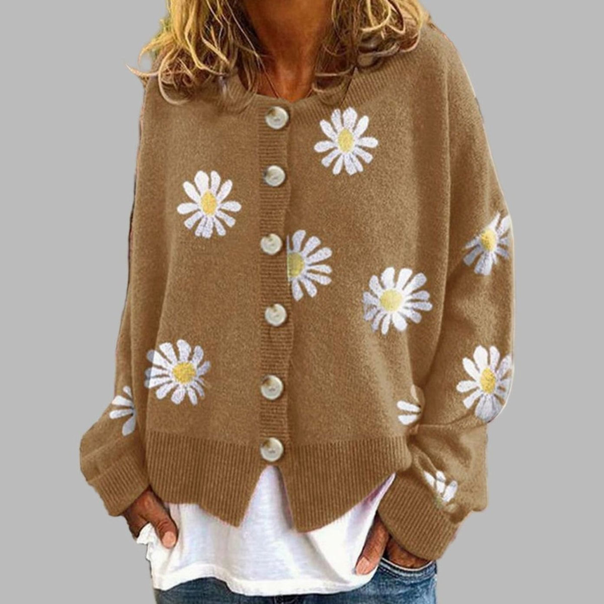 Amelia | Women's Daisy Floral Knit Button-Front Cardigan for Winter