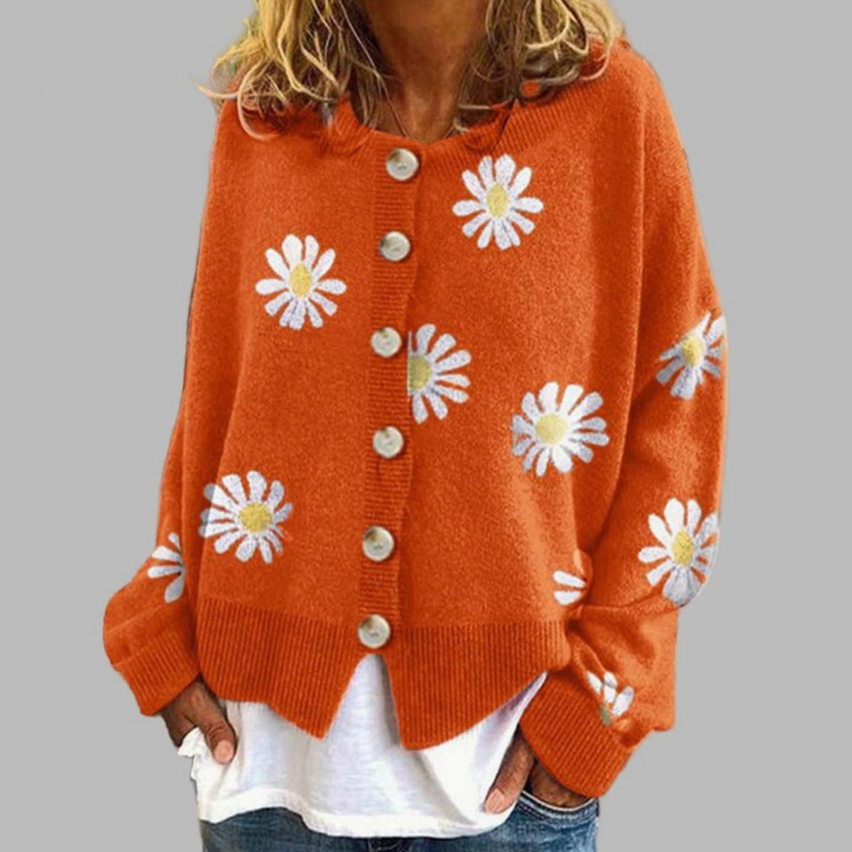 Amelia | Women's Daisy Floral Knit Button-Front Cardigan for Winter