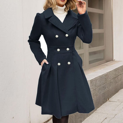Amelia | Women's Elegant Double-Breasted Longline Flared Wool-Blend Coat for Winter