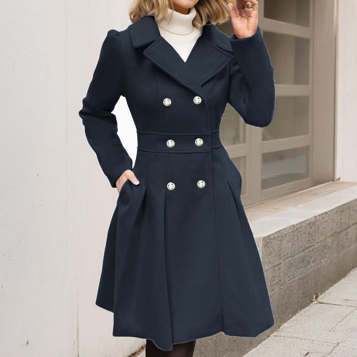 Amelia | Women's Elegant Double-Breasted Longline Flared Wool-Blend Coat for Winter
