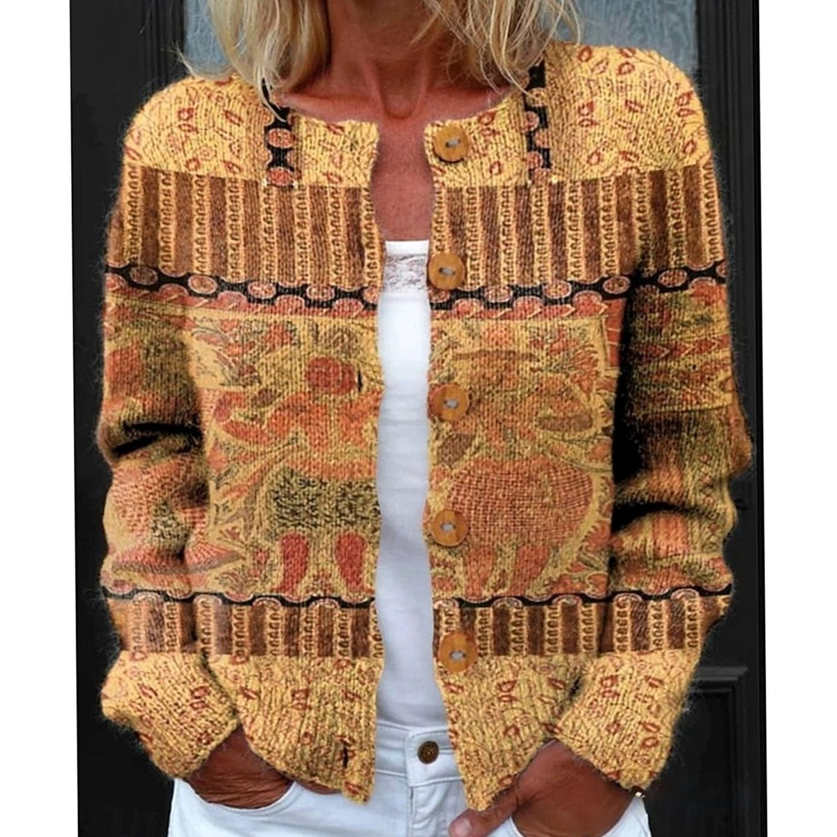 Layla | Women's Floral Button-Front Long-Sleeve Knit Cardigan for Winter