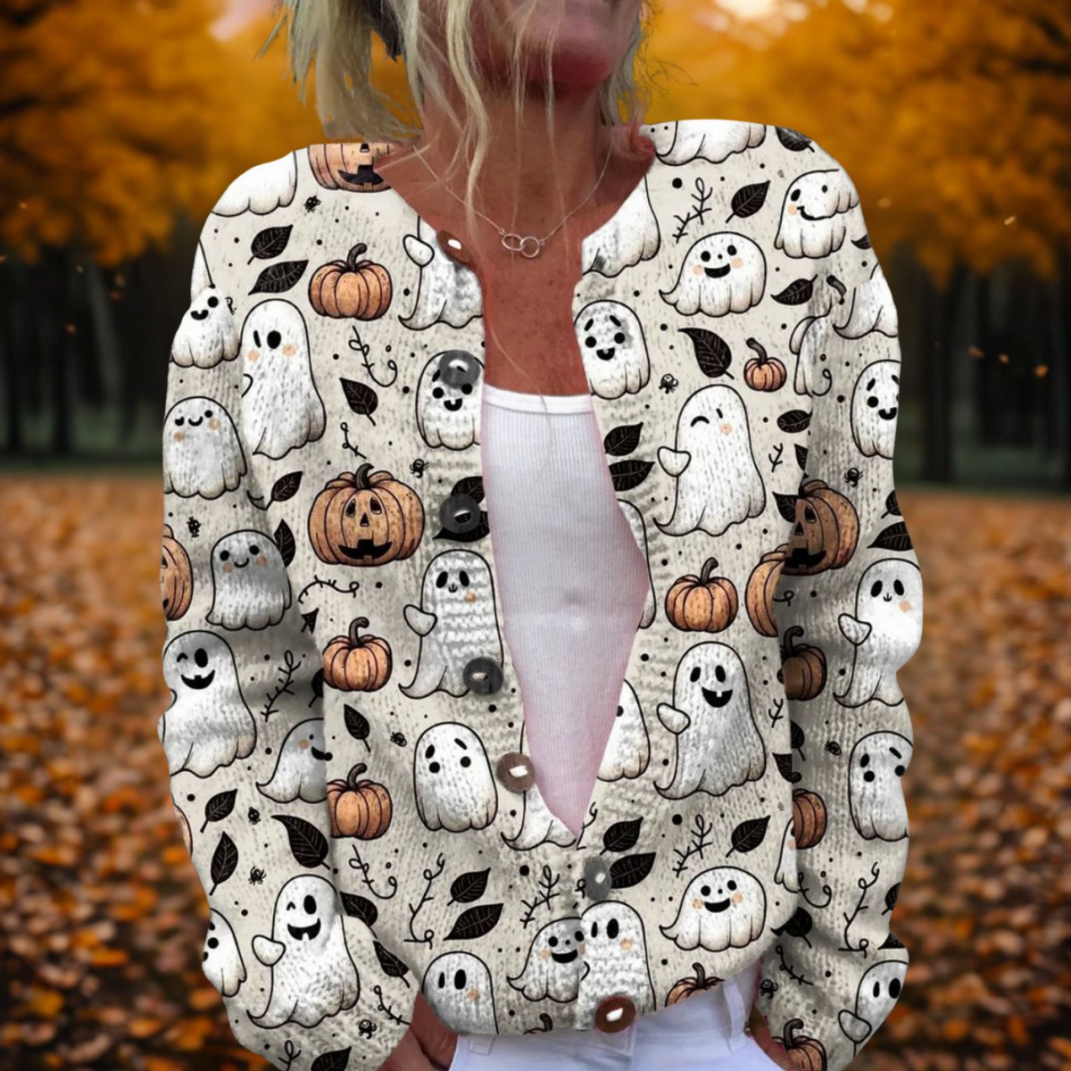 Sophia | Women's Halloween Ghost & Pumpkin Open-Front Knit Cardigan