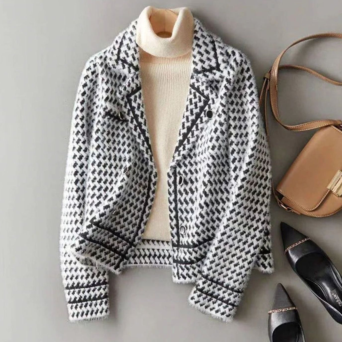 Yasmin | Women's Houndstooth Wool-Cashmere Button-Up Cardigan Jacket for Winter