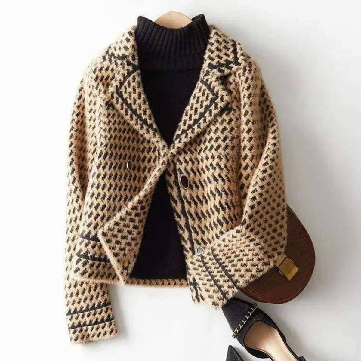 Yasmin | Women's Houndstooth Wool-Cashmere Button-Up Cardigan Jacket for Winter