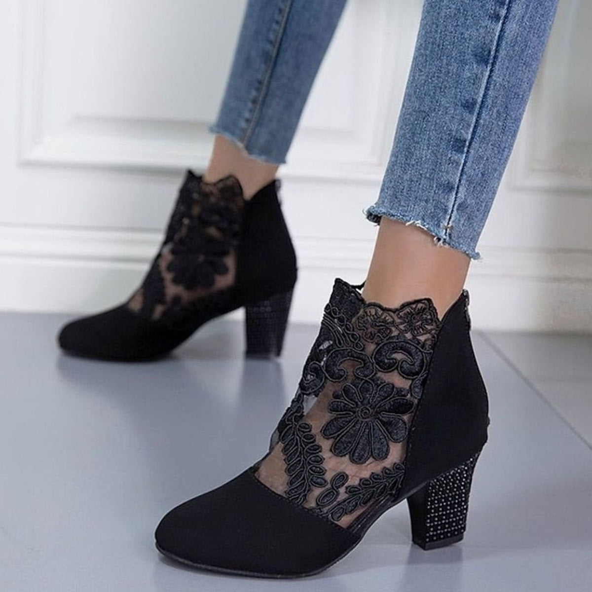 Beth | Women's Lace-Trim Block Heel Ankle Boots